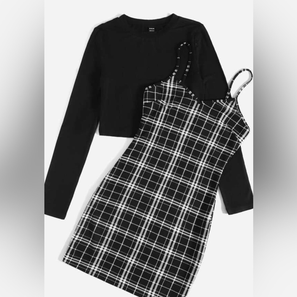 SHEIN Solid crop top + plaid print cami dress